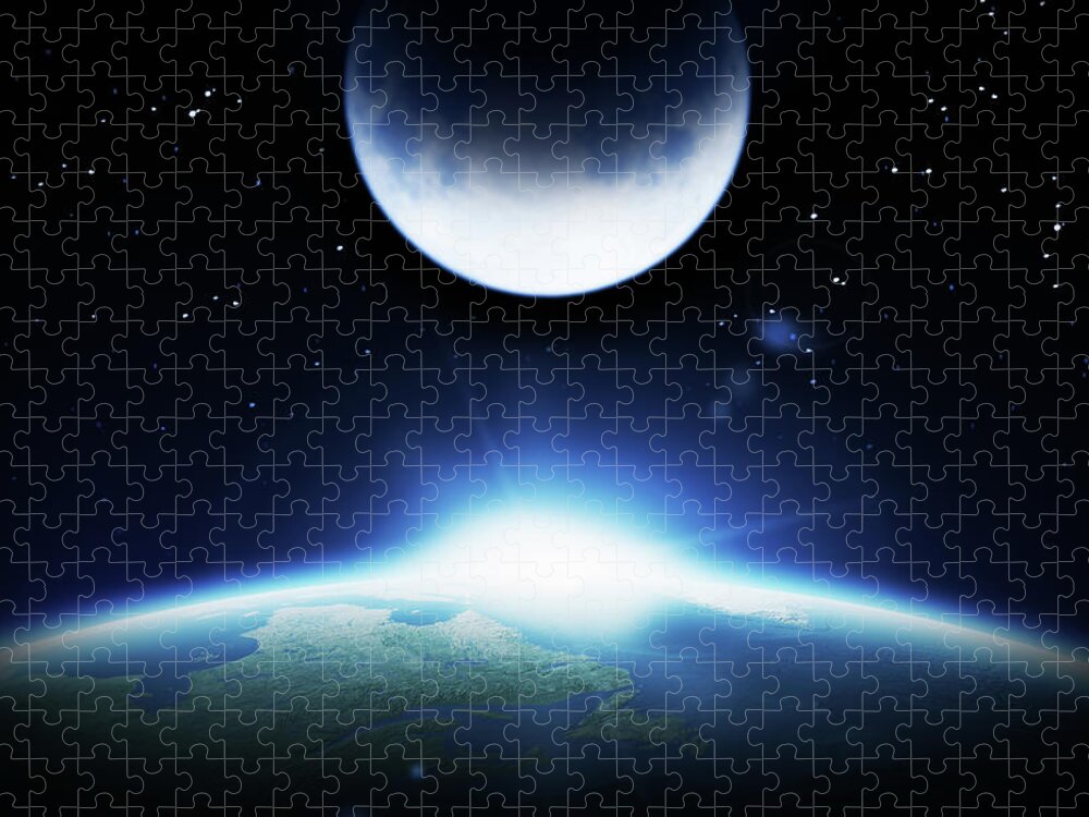 Dawn Jigsaw Puzzle featuring the photograph Earth, Moon And Rising Sun by Loops7