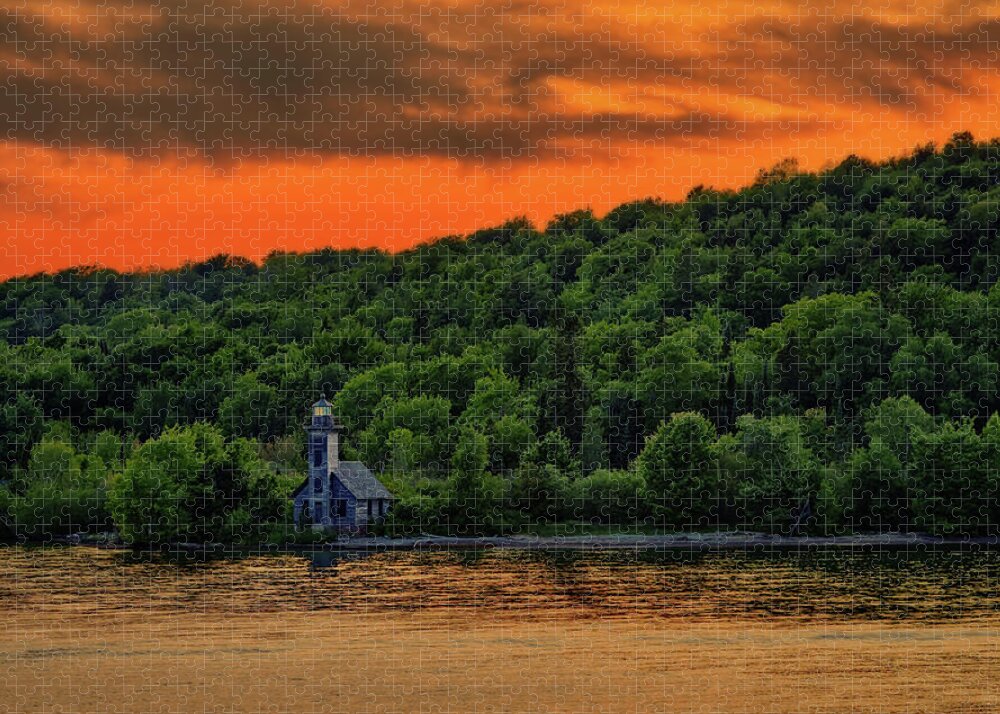 Pictured Rocks Jigsaw Puzzle featuring the photograph East Channel Lighthouse #2- Grand Island MI by Peter Herman