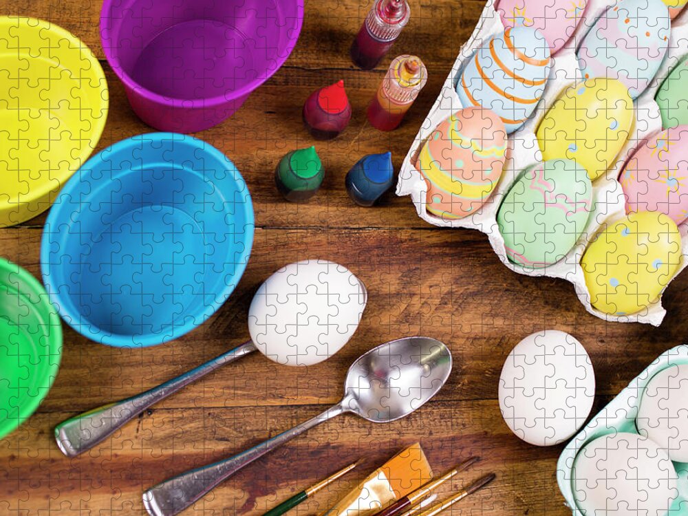Art Jigsaw Puzzle featuring the photograph Easter Eggs Being Decorated On Wooden by Fstop123