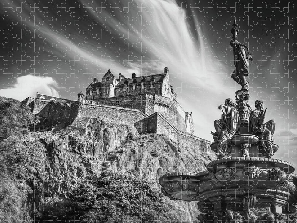 Edinburgh Castle Jigsaw Puzzle featuring the photograph Edinburgh Castle Scotland Black and White by Carol Japp