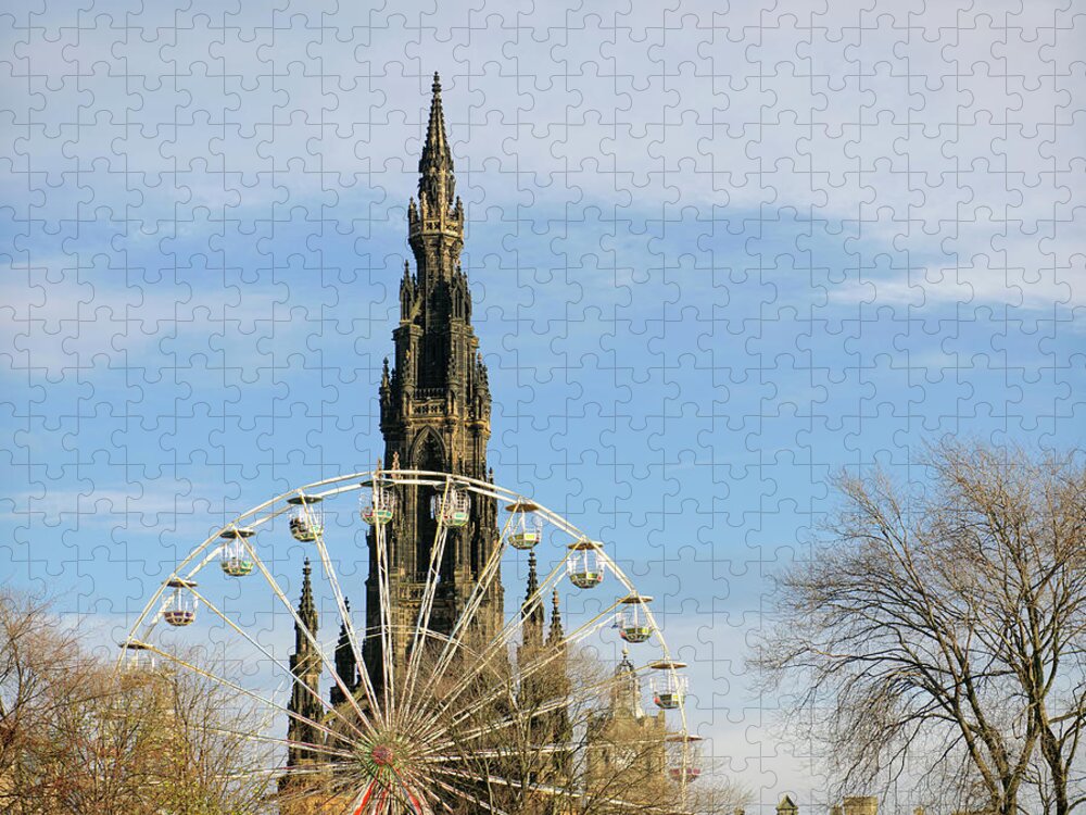 Gothic Style Jigsaw Puzzle featuring the photograph Edinburgh Scott Monument And Ferris by Georgeclerk