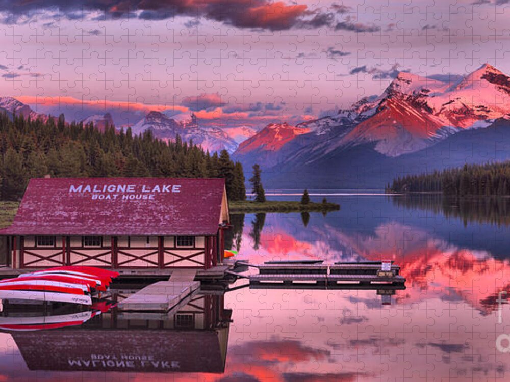 Maligne Lake Jigsaw Puzzle featuring the photograph Maligne Lake Sunset Magic by Adam Jewell
