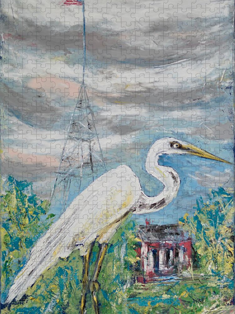 Egret Jigsaw Puzzle featuring the painting Egret Mascot of Coastal Town by Patty Donoghue