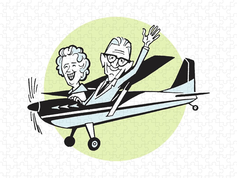 Adventure Jigsaw Puzzle featuring the drawing Elderly Couple Waving from Airplane by CSA Images