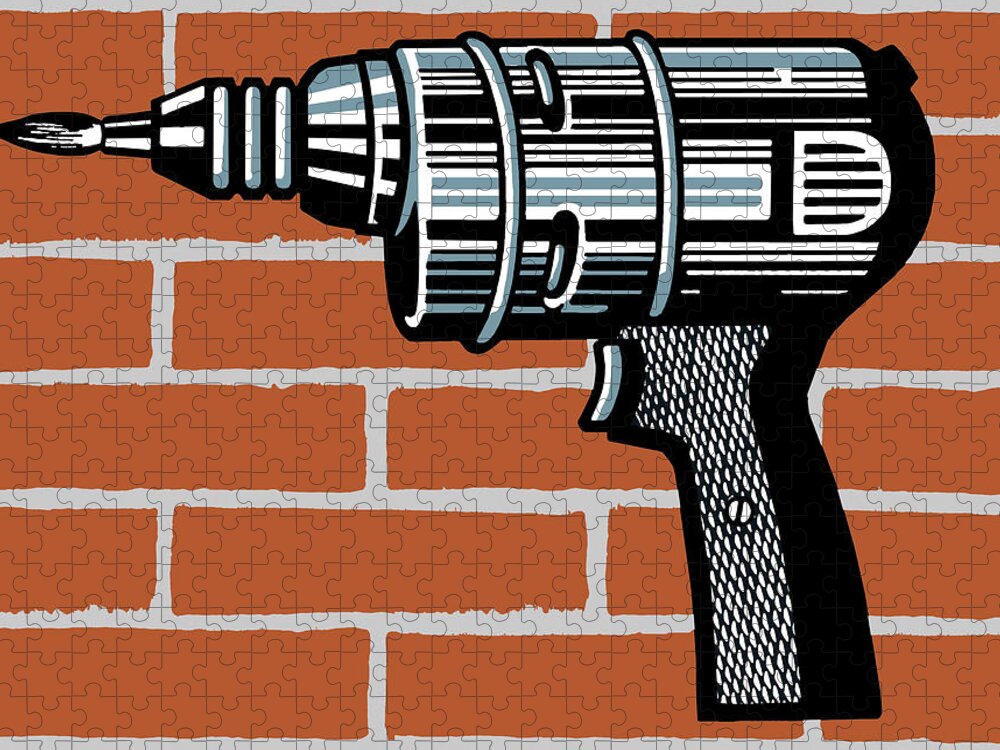 Brick Jigsaw Puzzle featuring the drawing Electric Drill in Front of Brick Wall by CSA Images