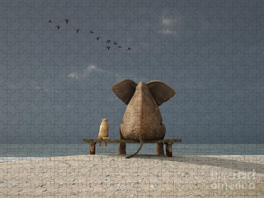 Love Jigsaw Puzzle featuring the digital art Elephant And Dog Sit On A Beach by Photobank Gallery
