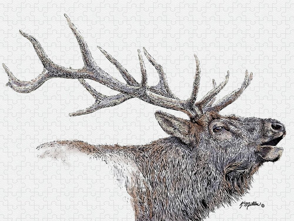 Elk Jigsaw Puzzle featuring the painting Elk by Kathie Miller