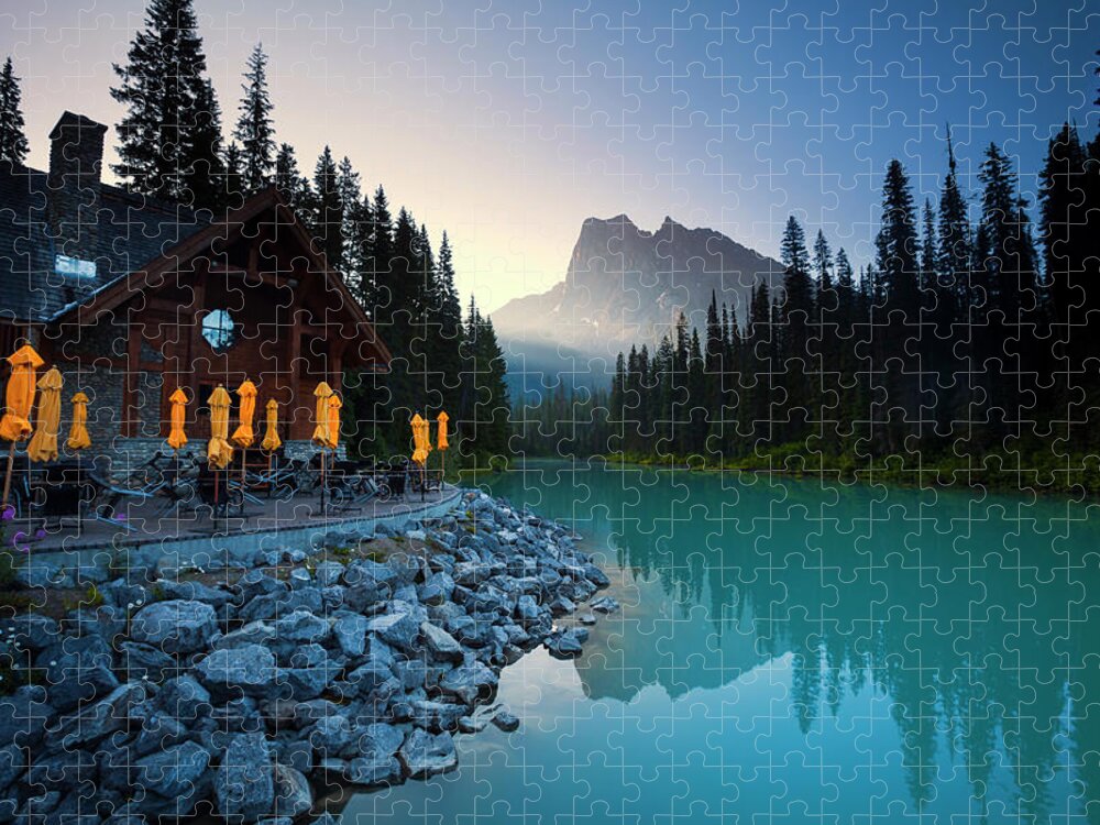 Water's Edge Jigsaw Puzzle featuring the photograph Emerald Lake Lodge by Dan prat