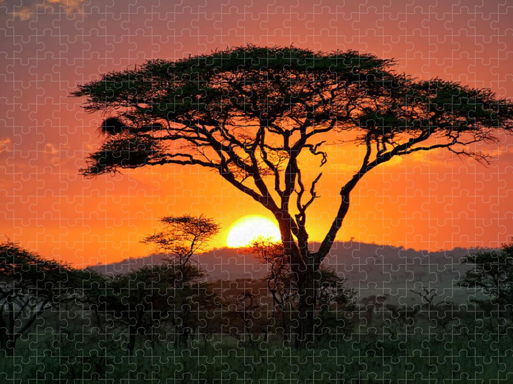 Scenics Jigsaw Puzzle featuring the photograph End Of A Safari-day In The Serengeti by Guenterguni
