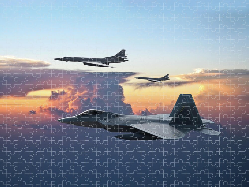 U.s. Air Force Jigsaw Puzzle featuring the digital art  F-22 Raptor Escorting Russian Tu-160 Blackjacks by Erik Simonsen