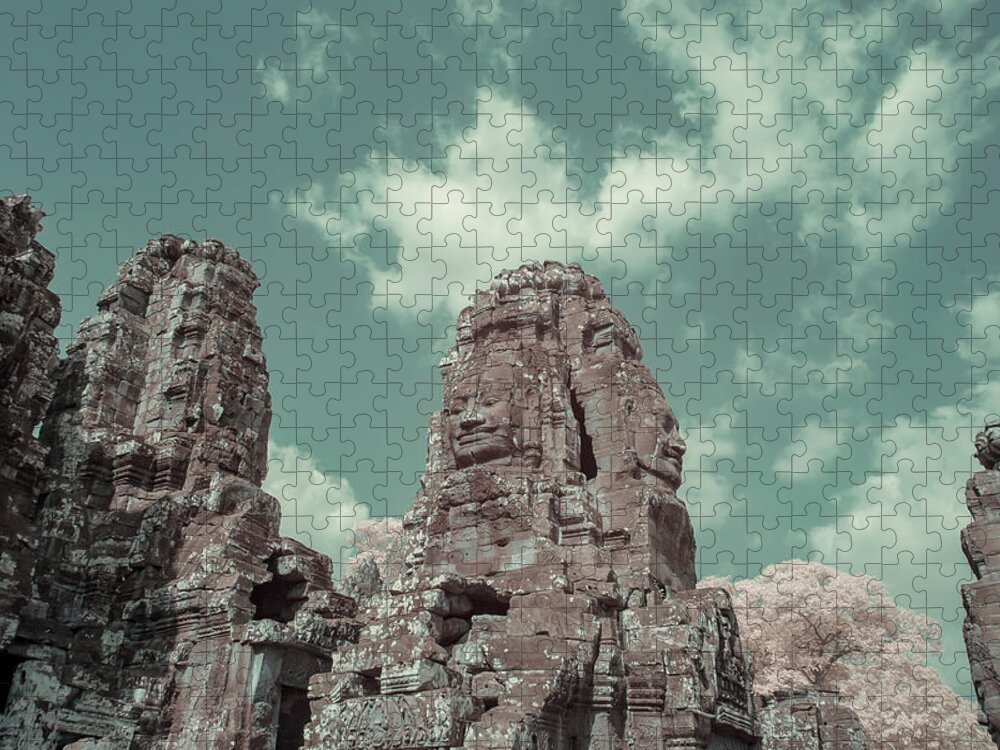 Ancient Jigsaw Puzzle featuring the photograph Faces of Bayon Temple in infrared by Karen Foley