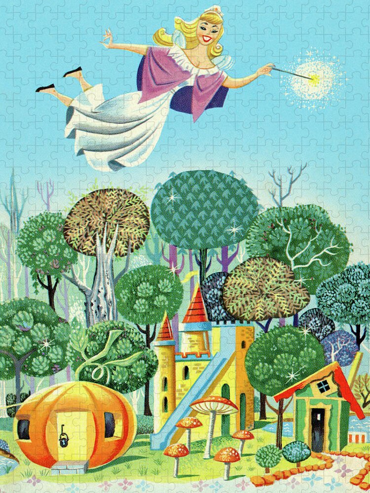 Campy Jigsaw Puzzle featuring the drawing Fairy Princess Flying Over a Fairy Tale Land by CSA Images