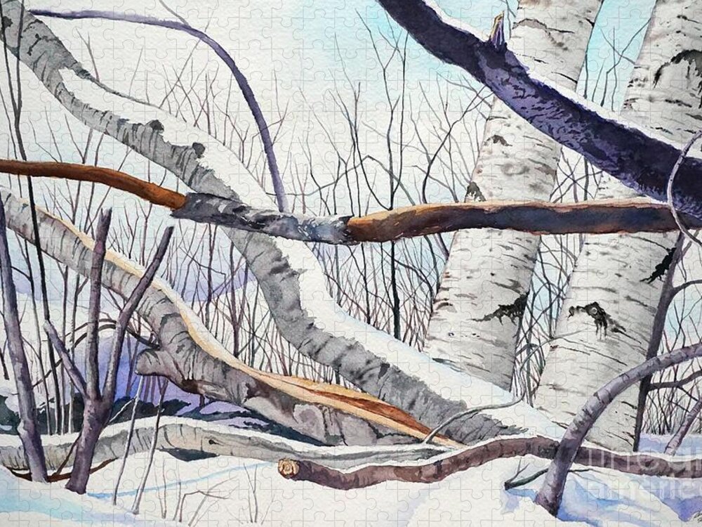 Birch Trees Jigsaw Puzzle featuring the painting Fallen Birch trees after the snowstorm in watercolor by Christopher Shellhammer