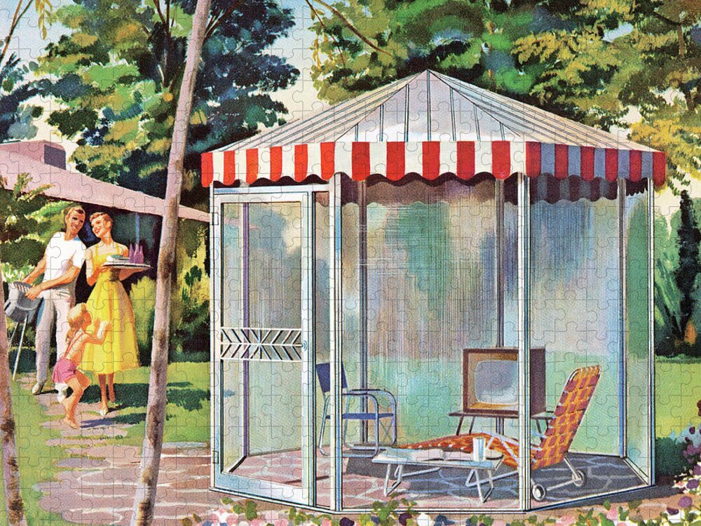 Back Yard Jigsaw Puzzle featuring the drawing Family and Screened Gazebo by CSA Images