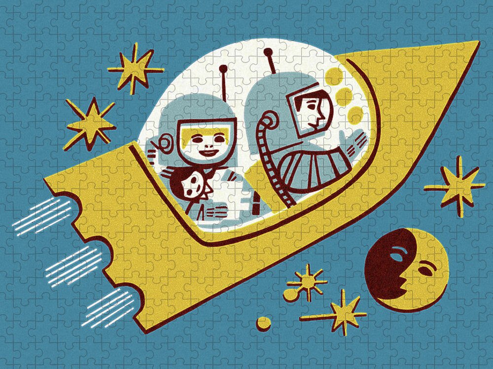 Adventure Jigsaw Puzzle featuring the drawing Family in a Rocketship by CSA Images