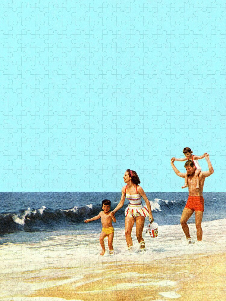 Adult Jigsaw Puzzle featuring the drawing Family on the Ocean Beach by CSA Images