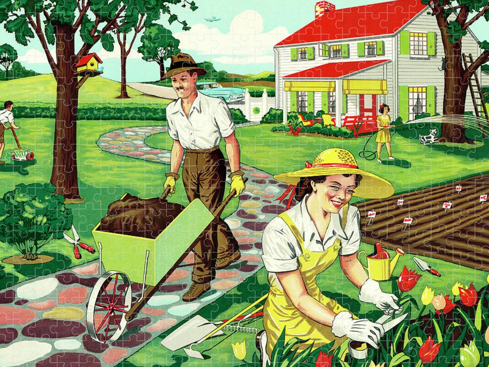Adult Jigsaw Puzzle featuring the drawing Family Working in the Yard by CSA Images