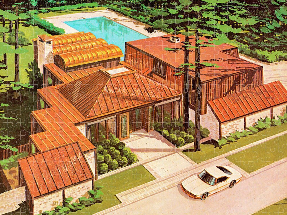 Architecture Jigsaw Puzzle featuring the drawing Fancy House With Pool by CSA Images