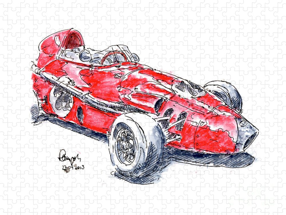 Faranda Jigsaw Puzzle featuring the drawing Faranda Formula Junior Classic Racecar Ink Drawing and Watercolo by Frank Ramspott