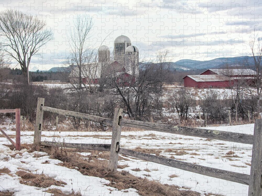 Red Barn In Snow Jigsaw Puzzle featuring the photograph Farm in Winter - Vermont by Joann Vitali