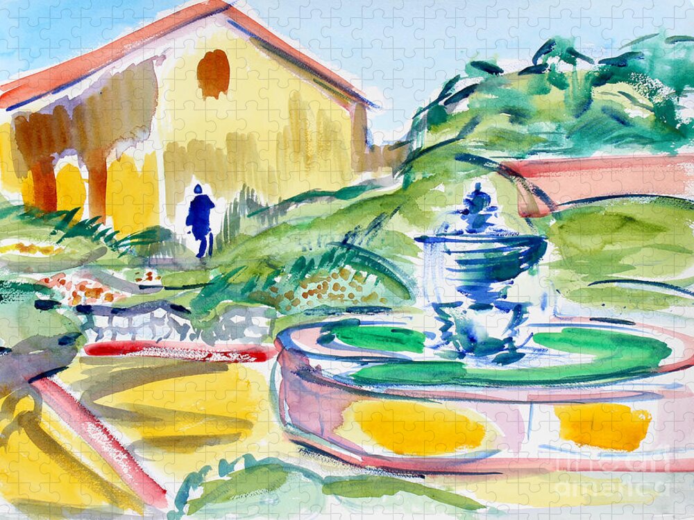 Father Serra Statue And Fountain Jigsaw Puzzle featuring the painting Father Serra Statue And Fountain, Carmel Mission by Richard Fox