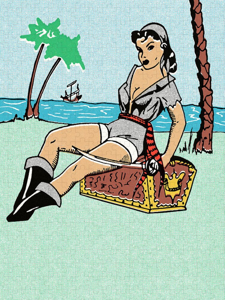 Beach Jigsaw Puzzle featuring the drawing Female Pirate Sitting on Treasure Chest by CSA Images