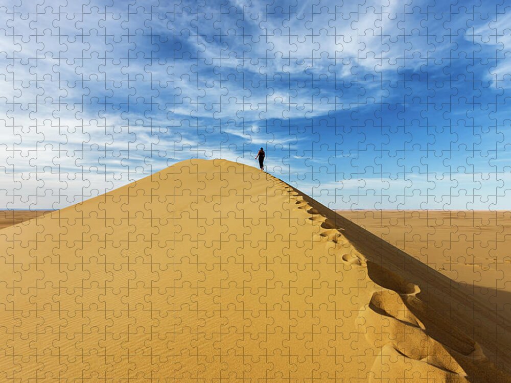 Scenics Jigsaw Puzzle featuring the photograph Female Tourist Standing On The Top Of by Hadynyah