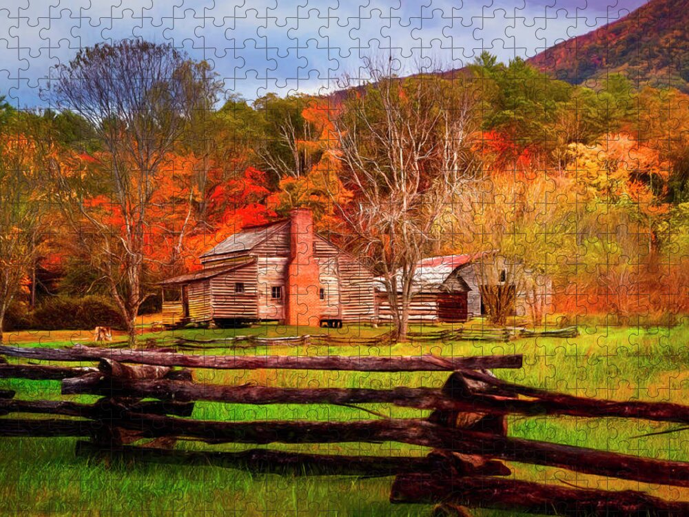 Barn Jigsaw Puzzle featuring the photograph Fences and Cabins Cades Cove Painting by Debra and Dave Vanderlaan