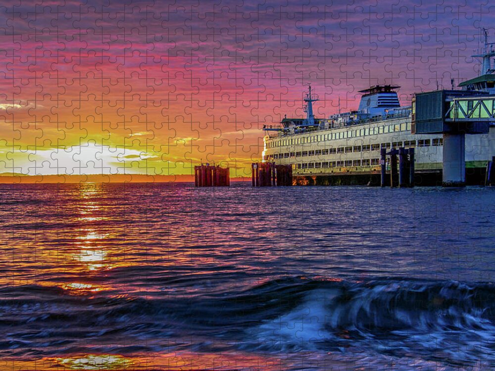 Edmonds Beach Jigsaw Puzzle featuring the photograph Fiery Sunset at the Beach by Emerita Wheeling