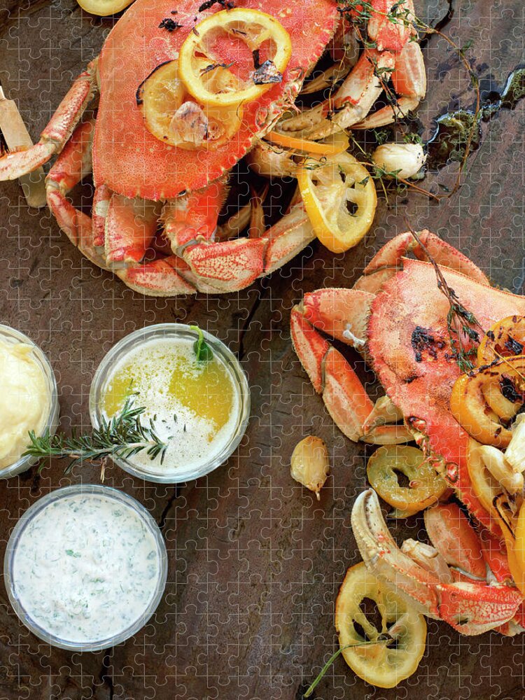 Roast Dinner Puzzle featuring the photograph Fire Roasted Dungeness Crabs On Wooden by Lisa Romerein