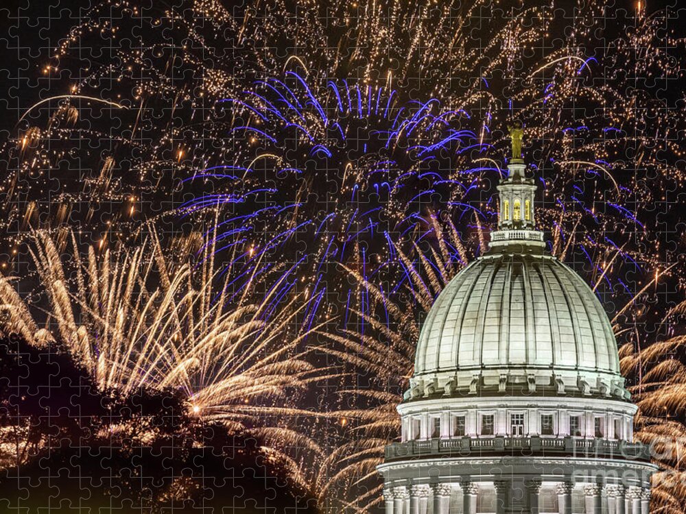 Wisconsin Capitol Jigsaw Puzzle featuring the photograph Fireworks at the Capitol by Amfmgirl Photography