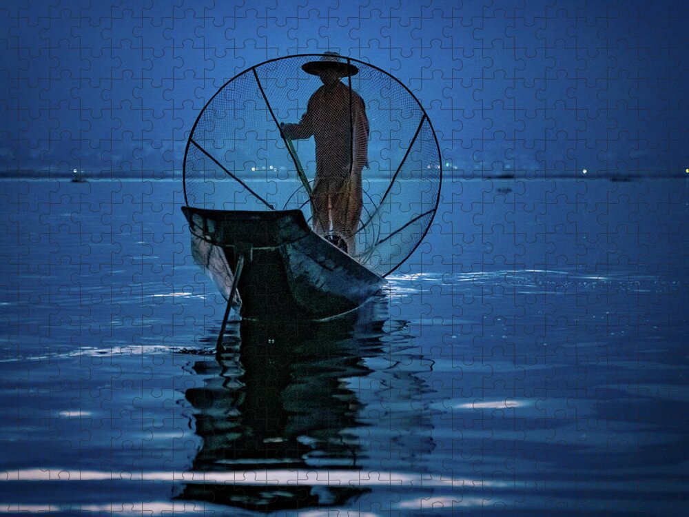 Myanmar Jigsaw Puzzle featuring the photograph Fisherman At First Light On Inle Lake by Chris Lord
