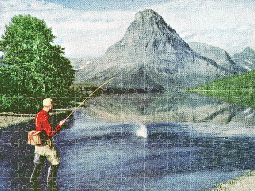 Activity Jigsaw Puzzle featuring the drawing Fisherman Wading in a Lake by a Mountain by CSA Images