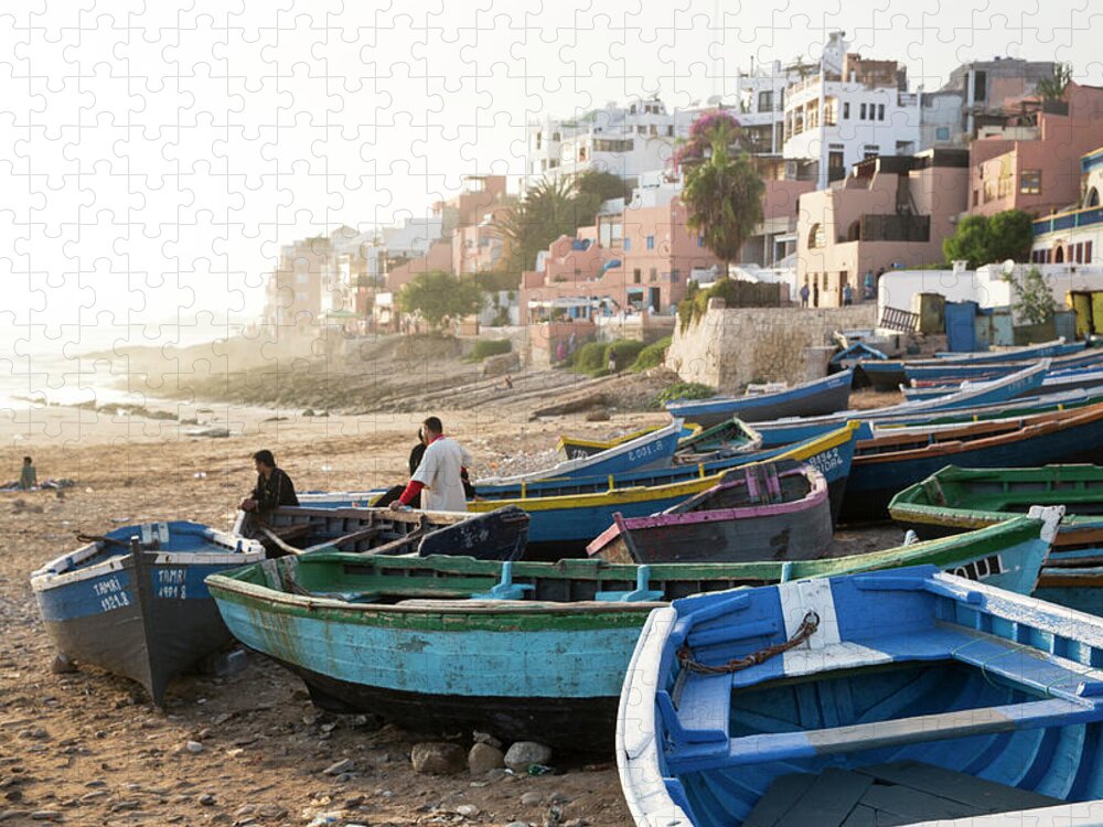 Agadir Jigsaw Puzzle featuring the photograph Fishermen With Boats On The Beach At by Tim E White