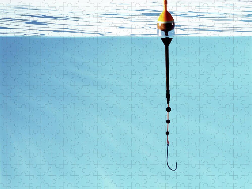 Temptation Jigsaw Puzzle featuring the photograph Fishing Hook And Float, Hook Under Water by Pier