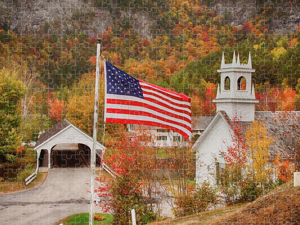 Autumn Jigsaw Puzzle featuring the photograph Flag flying over the Stark covered Bridge by Jeff Folger