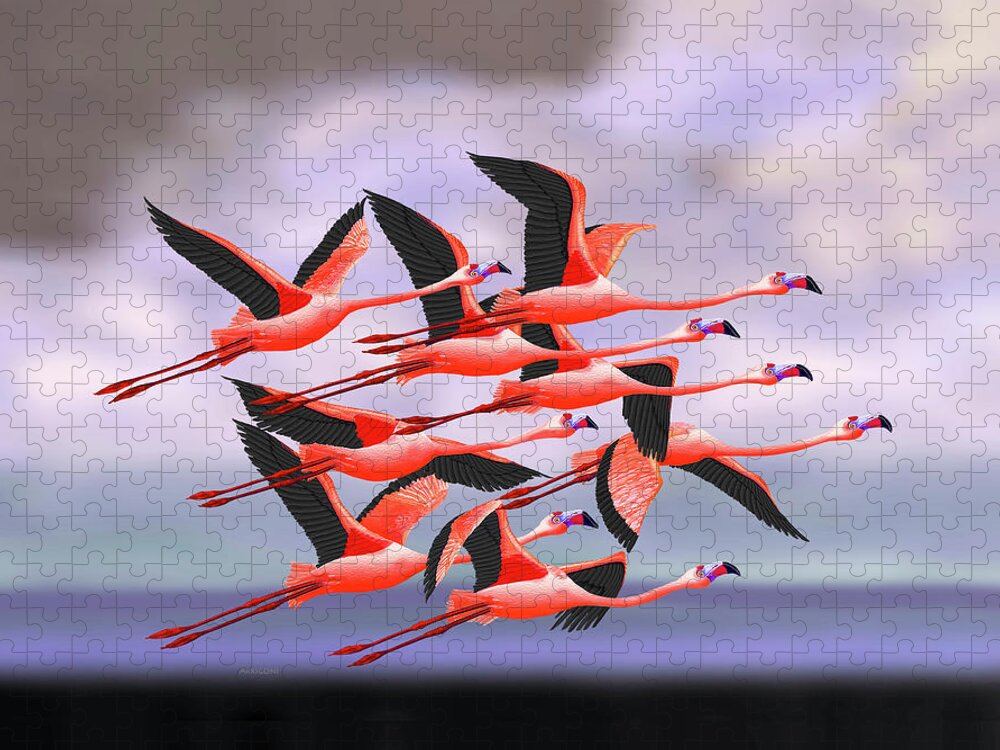 Flamingos Jigsaw Puzzle featuring the painting Flamingos in Flight by David Arrigoni