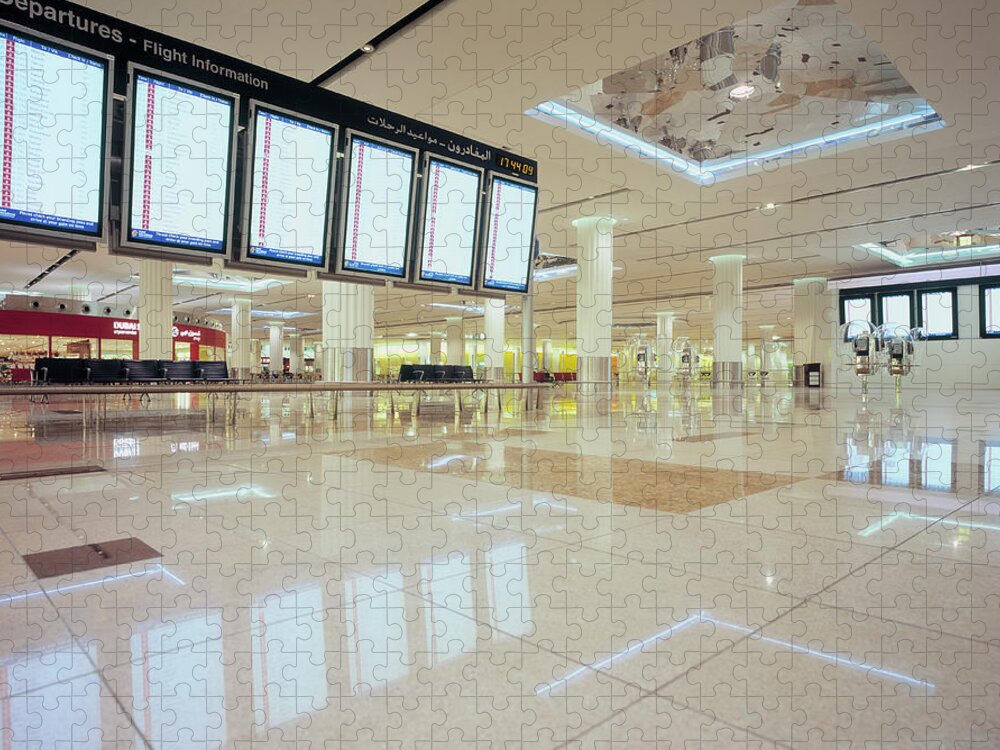 Airport Departure Area Jigsaw Puzzle featuring the photograph Flight Information Displays At Dubai by Eschcollection