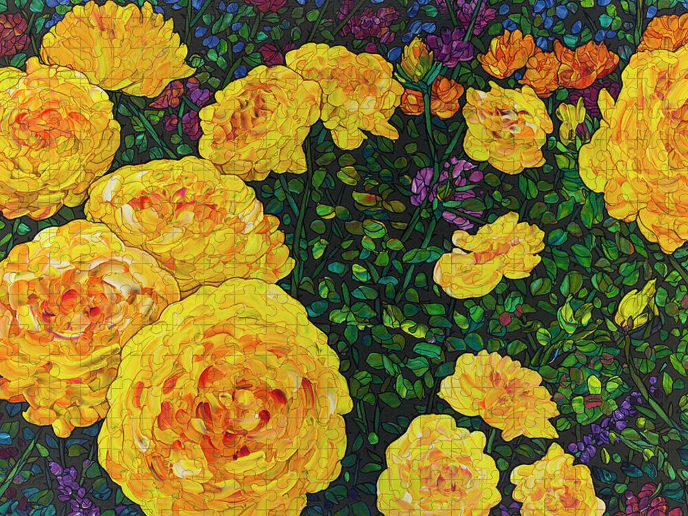 Flowers Jigsaw Puzzle featuring the painting Floral Interpretation - Rosebush by James W Johnson