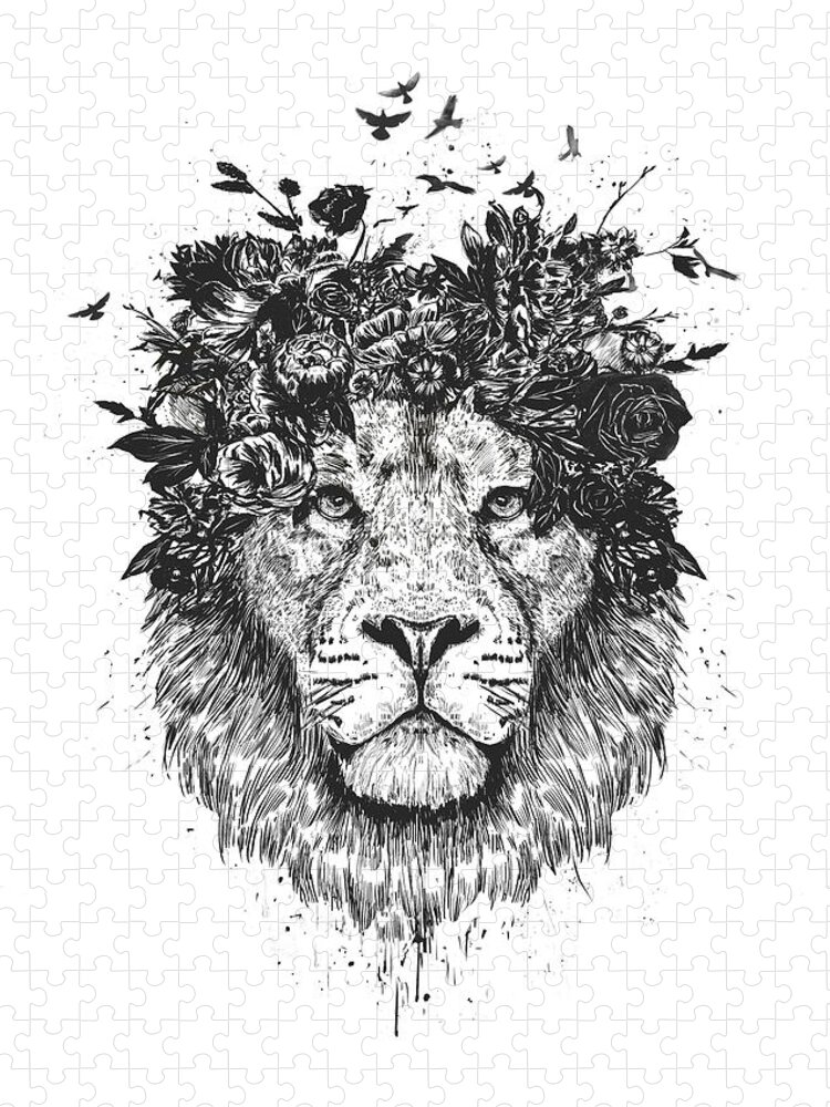 Lion Jigsaw Puzzle featuring the drawing Floral lion by Balazs Solti
