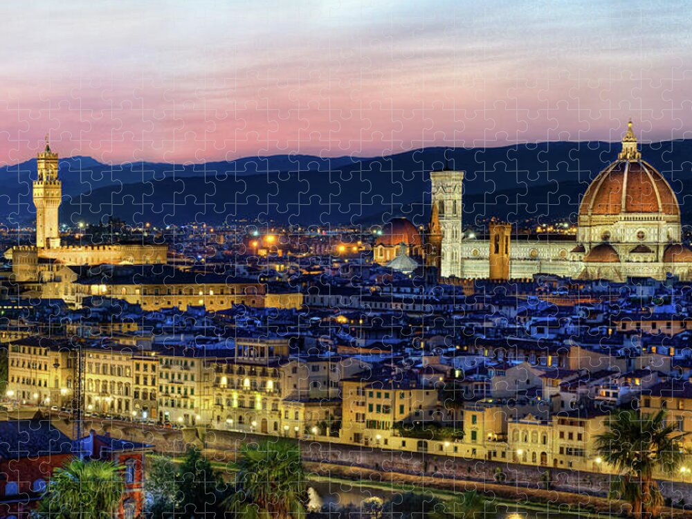 Florence Jigsaw Puzzle featuring the photograph Florence - Duomo and Palazzo Vecchio at dusk by Weston Westmoreland