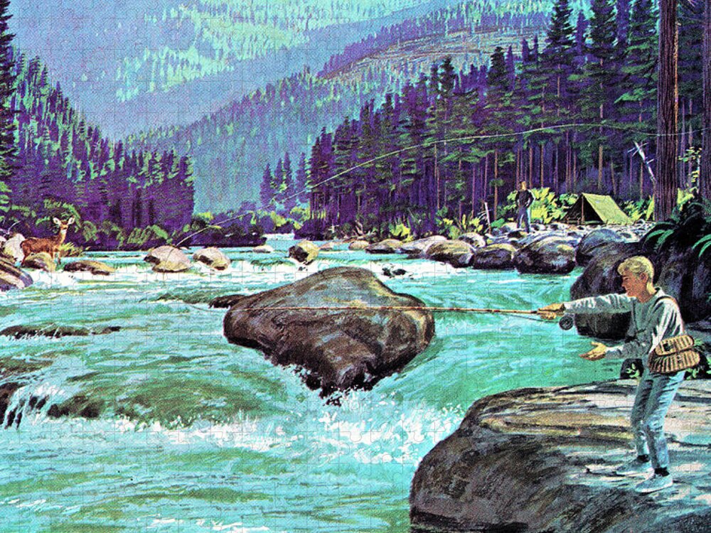 Activity Jigsaw Puzzle featuring the drawing Fly Fishing on a Mountain Stream by CSA Images