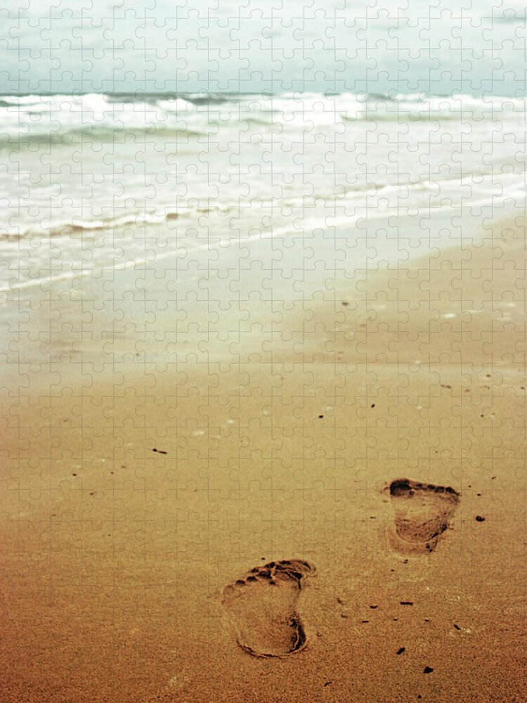 Tranquility Jigsaw Puzzle featuring the photograph Footprints On Sandy Beach - Sabratha by Zeynep Thomas