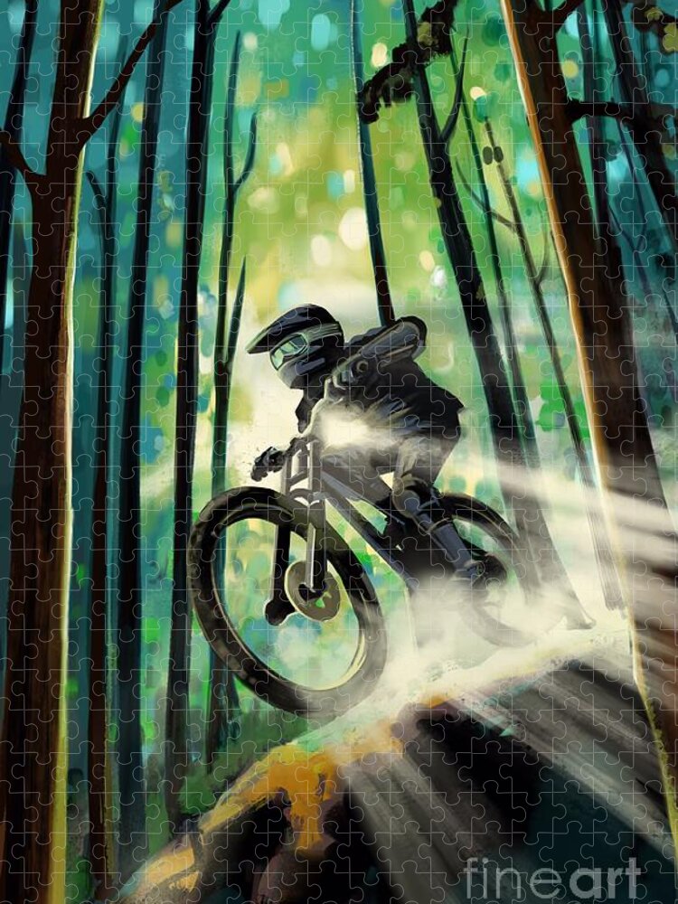 Mountain Bike Jigsaw Puzzle featuring the painting Forest jump mountain biker by Sassan Filsoof