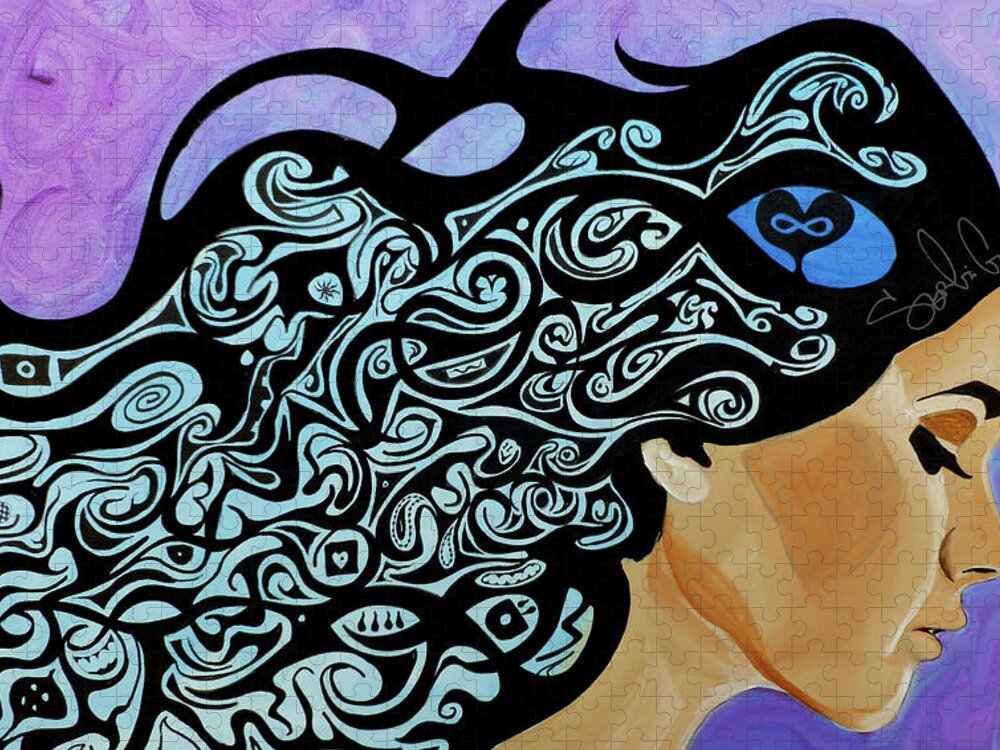 Hair Tribal Woman Lady Female Girl Beauty Makeup Beautiful Purple Pink Love Colorful Abstract Contrast Sad Happy Flow Color Jigsaw Puzzle featuring the painting Forever Love by Sergio Gutierrez