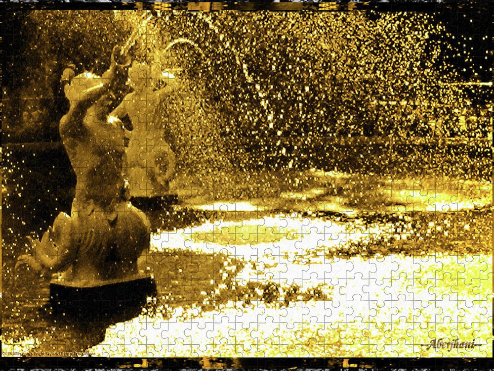 Gold Jigsaw Puzzle featuring the photograph Savannah Forsyth Park Tritons in a Cascade of Gold by Aberjhani