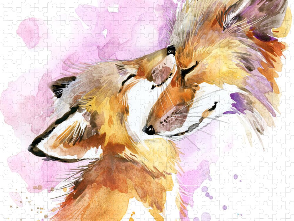 Forest Jigsaw Puzzle featuring the digital art Fox Watercolor Illustration Mothers by Faenkova Elena