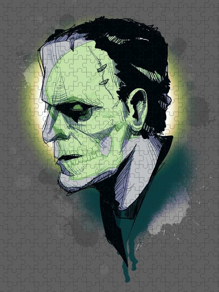 Skull Jigsaw Puzzle featuring the drawing FrankenSkull by Ludwig Van Bacon