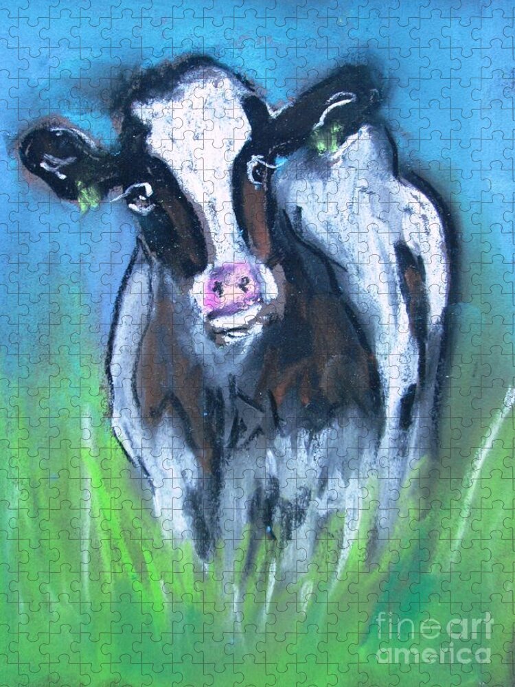 Cow Jigsaw Puzzle featuring the painting Paintings Of Freisan Cows Oct -18 by Mary Cahalan Lee - aka PIXI