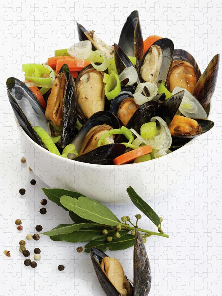 White Background Jigsaw Puzzle featuring the photograph Freshly Prepared Mussels In Bowl by Creativ Studio Heinemann